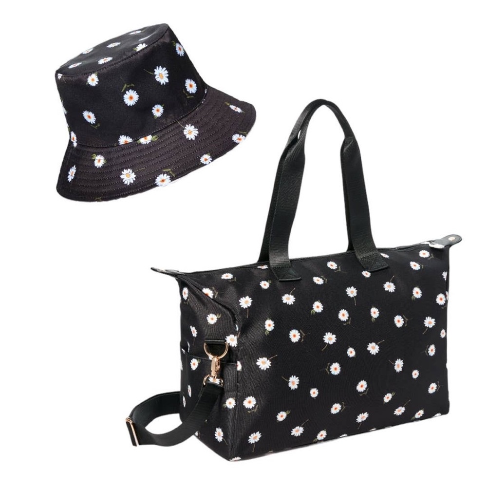 Alice & Olivia Daisy duffel bag snd bucket hat.